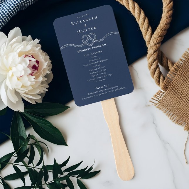 Leque Tying The Knot Rope Heart Navy Wedding Program  (Tying The Knot Rope Heart Navy Wedding Program Hand Fan)