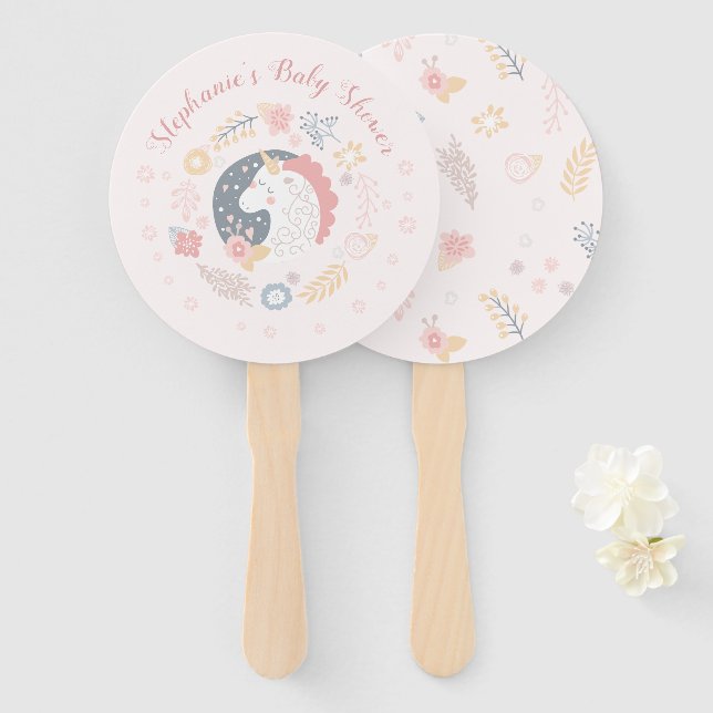 Leque Unicorn Blush Florals Baby Shower (Frente e Verso)