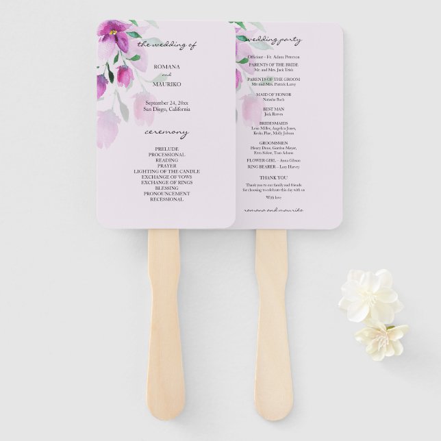 Leque Uniquidade De Flores Violetas De Arte Por Aquarela (Frente e Verso)