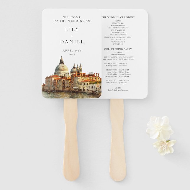 Leque Venice Skyline Watercolor Wedding Program (Frente e Verso)