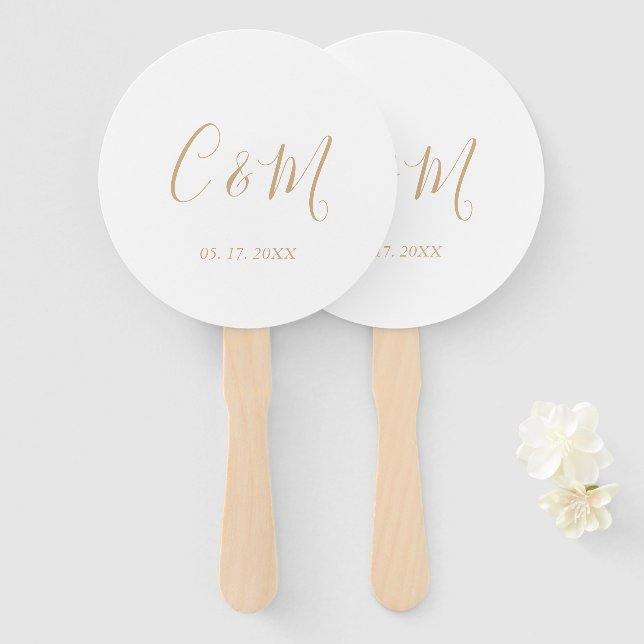 Leque Ventilador de Mão de Casamento do Monograma Dourad (Frente e Verso)