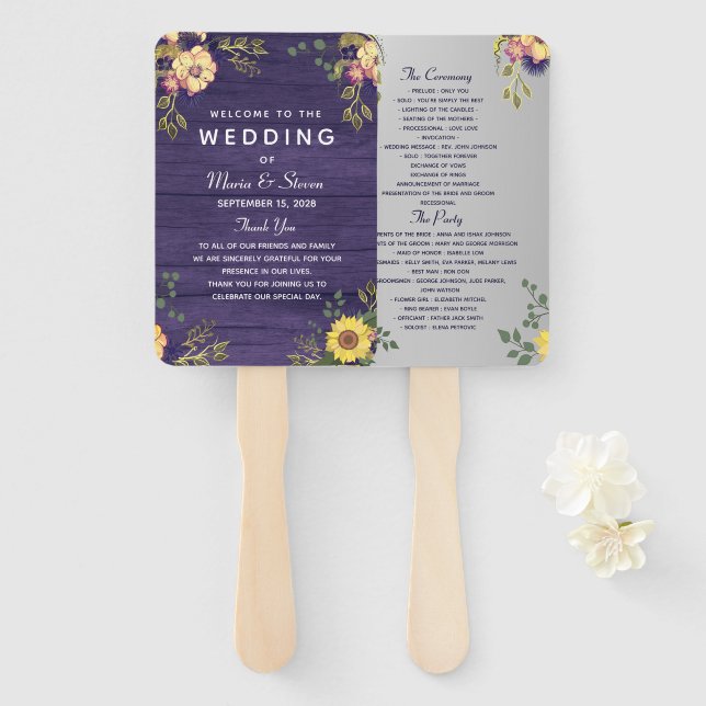 Leque Ventilador de Mão do Programa de Casamento Roxo Fl (Frente e Verso)