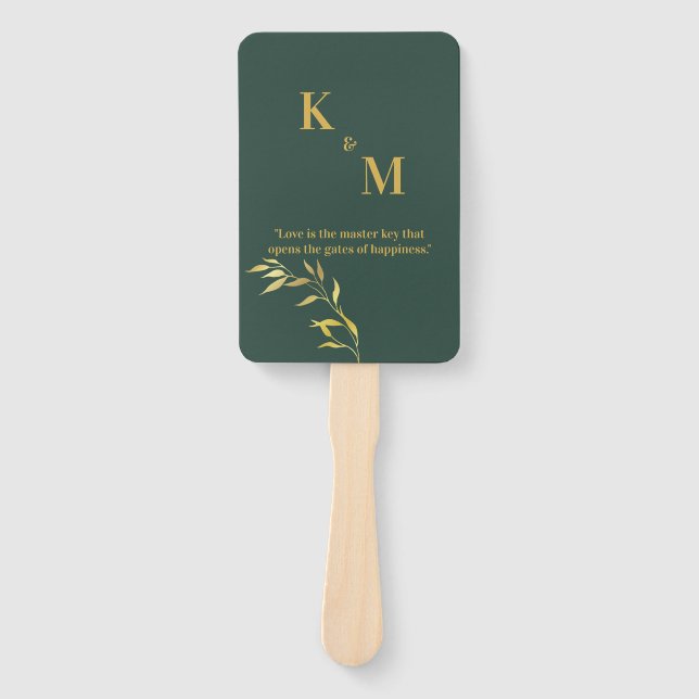 Leque Ventilador de Mão Verde e Dourada para Casamentos  (Frente)