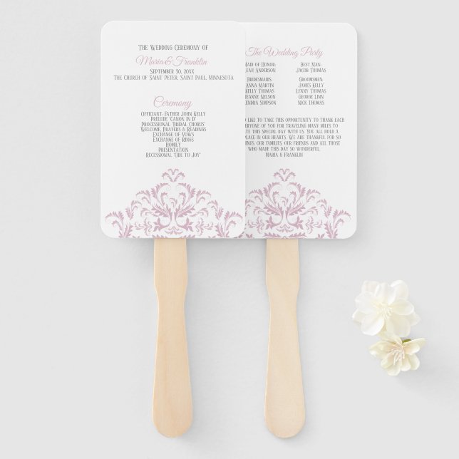 Leque Ventilador do programa de Casamento tema damasco e (Frente e Verso)