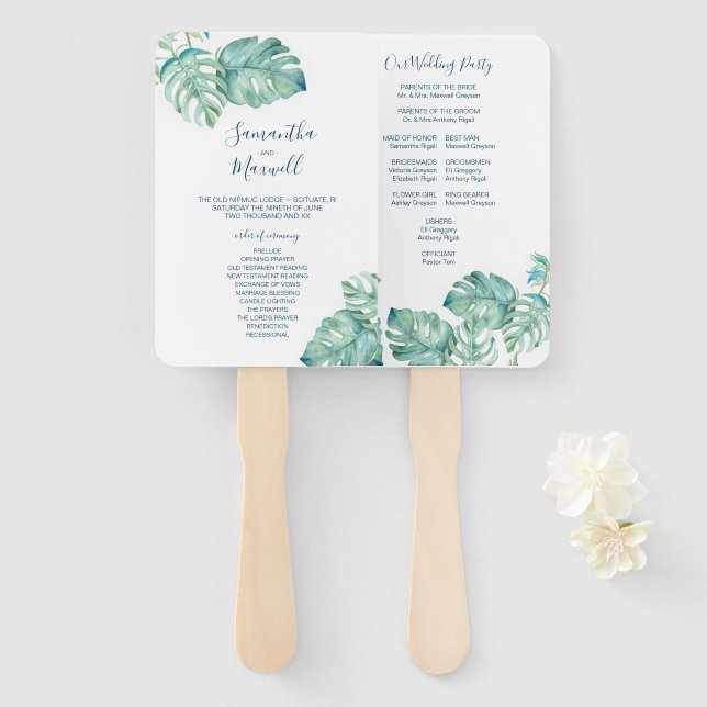 Leque Ventilador do Programa de Casamento Verde Tropical (Frente e Verso)