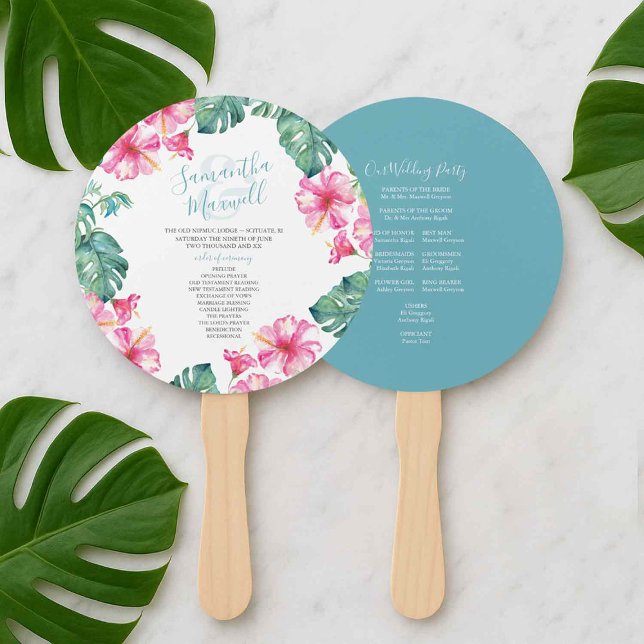 Leque Ventilador do Programa Tema de Casamento Tropical (Tropical beach wedding program fan template with watercolor pink flowers and palm leaves)