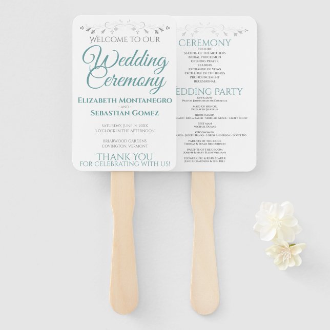 Leque Ventiladores de Casamento Elegante de Teal e Cinza (Frente e Verso)