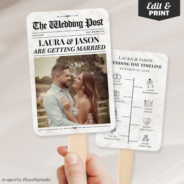 Leque Ventiladores de mão de jornal de casamento, fãs do (Wedding Newspaper Hand Fans, Wedding Program Fans)