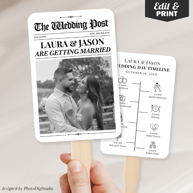 Leque Ventiladores de mão de jornal de casamento, fãs do (Wedding Newspaper Hand Fans, Wedding Program Fans)