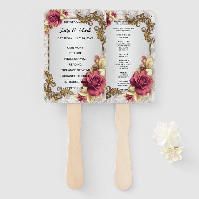 Leque Ventiladores do Programa de Casamento do Rosa verm (Frente e Verso)