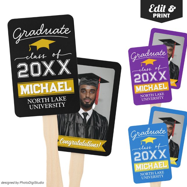 Leque Ventoinha de Graduação com Foto Personalizada com  (Editable Graduation Hand Fan with Name & School, Custom Black Gold Hand Fan for Graduation Ceremony )
