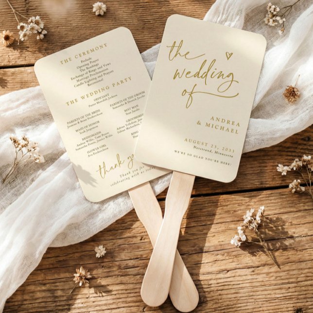 Leque Ventoinhas de Programa de Casamento Divertidas Cre (Gold and ivory wedding program fan in modern handwriting with heart.)