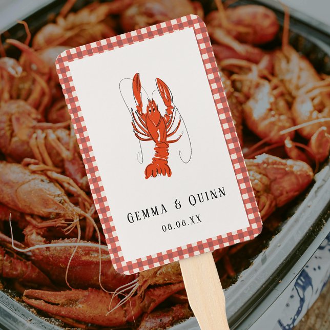 Leque Vermelho Gingham Crawfish Marcado Cajun Summer (Red Gingham Boiled Crawfish Cajun Summer Hand Fan)