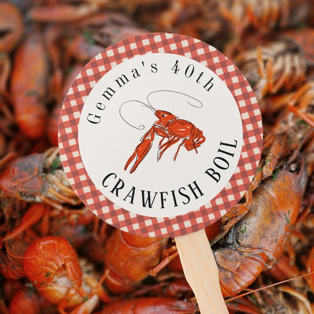 Leque Vermelho Gingham - Peixe-Rastreio - Papel do Parti (Red Gingham Crawfish Boil Seafood Party Paper Hand Fan)