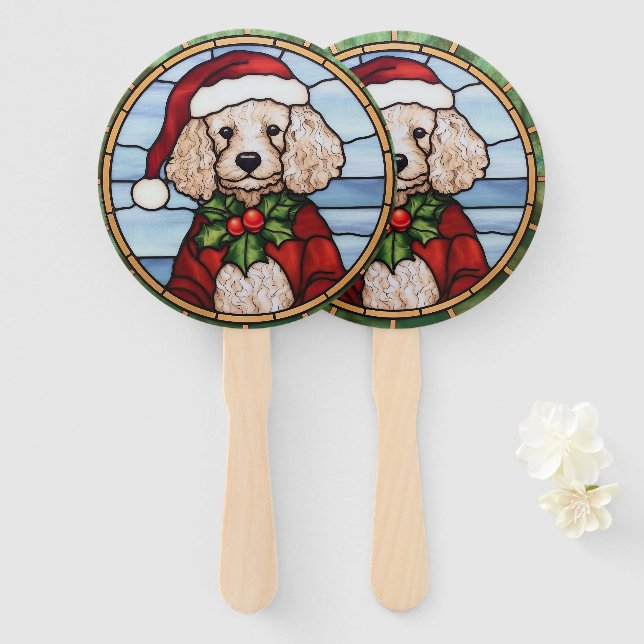 Leque Vidro Pintado de Natal de Poodle (Frente e Verso)