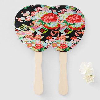 Leque Vintage Black Red Japonês Kimono Flor