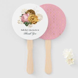 Leque Vintage Blush Rosa e Dourado Floral Quinceañera