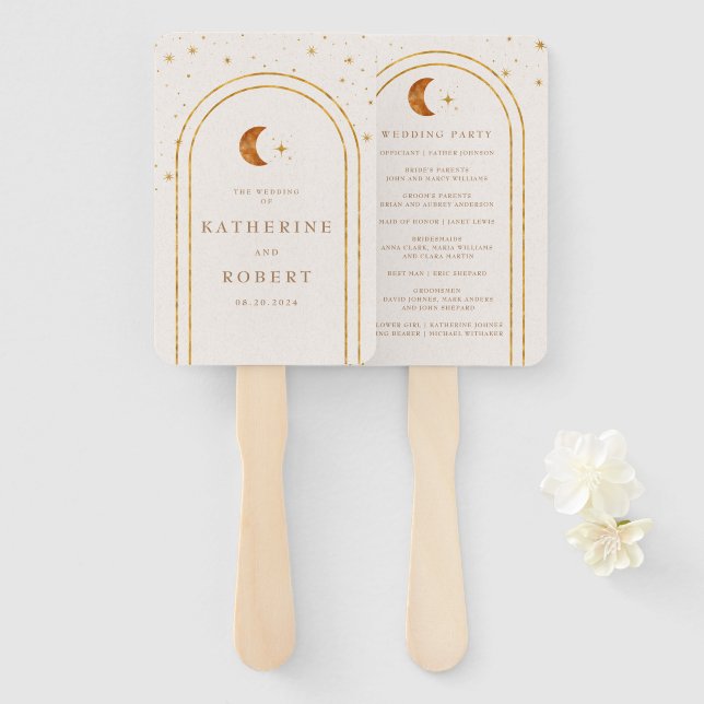 Leque Vintage Celestial Moon Stars Wedding Program (Frente e Verso)