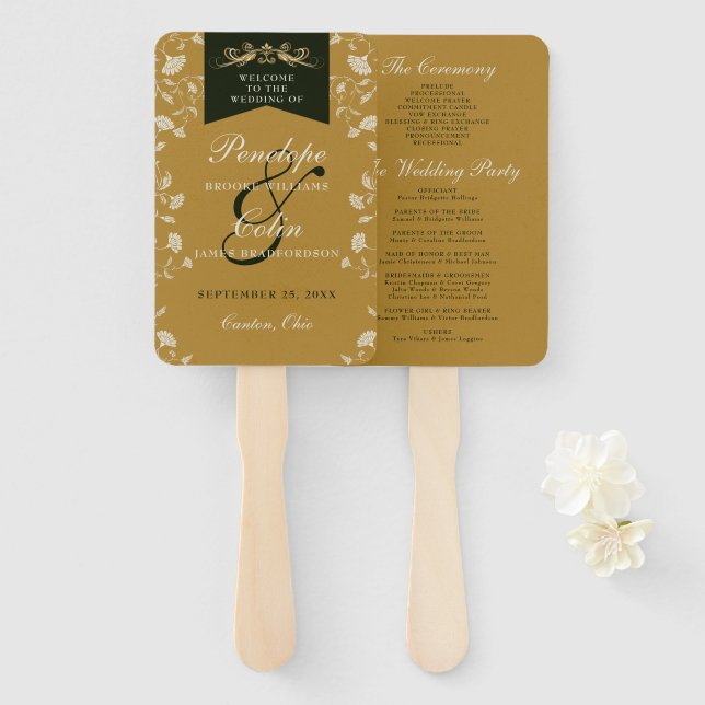 Leque Vintage Dourado Chic Book, Capítulo Weding Program (Frente e Verso)