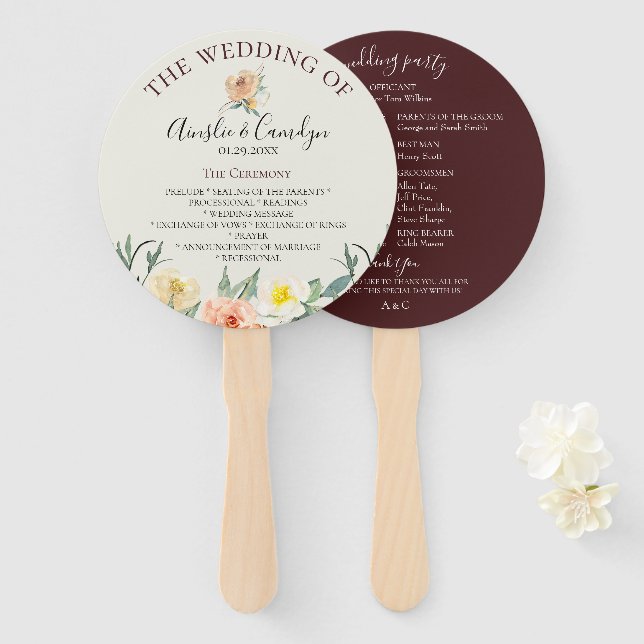 Leque Vintage Floral Wedding Program Fans de Mão (Frente e Verso)