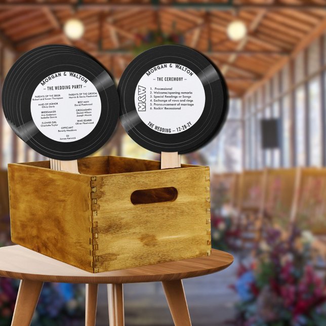 Leque Vinyl Record Monograma Weding Program White (Vinyl record wedding program fans for your ceremony)