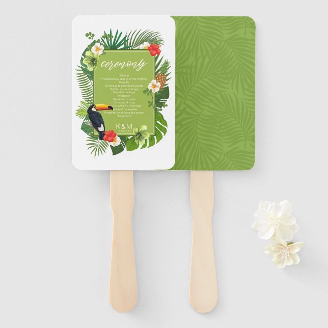 Leque Watercolor Tropical Wedding Ceremony Green ID577 (Frente e Verso)