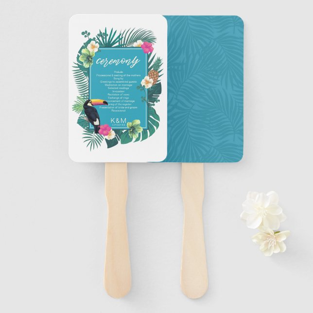 Leque Watercolor Tropical Wedding Ceremony Teal ID577 (Frente e Verso)