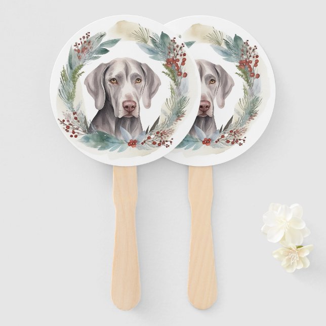 Leque Weimaraner Christmas Wreath Festivo Pup (Frente e Verso)