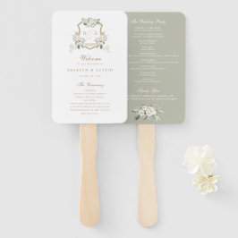 Leque White Floral Greenery Sage Monograma Crest Casamen