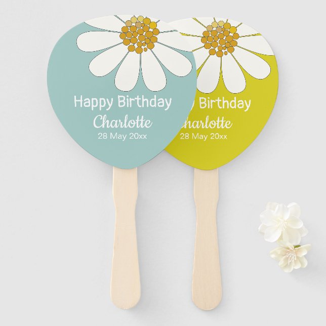 Leque White Retro Modern Daisy Flower Personalizado Aniv (Frente e Verso)