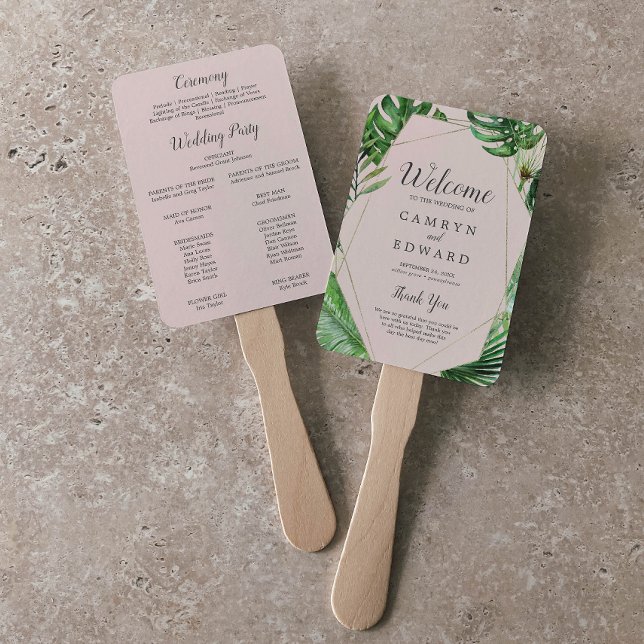 Leque Wild Tropical Palm | Blush Wedding Program Fan (Criador carregado)