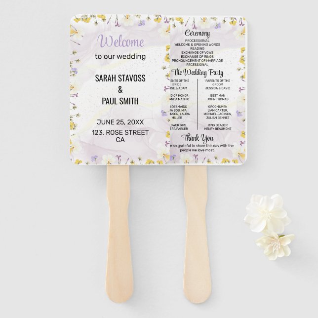 Leque Wildflower Lavender and Yellow Wedding program (Frente e Verso)