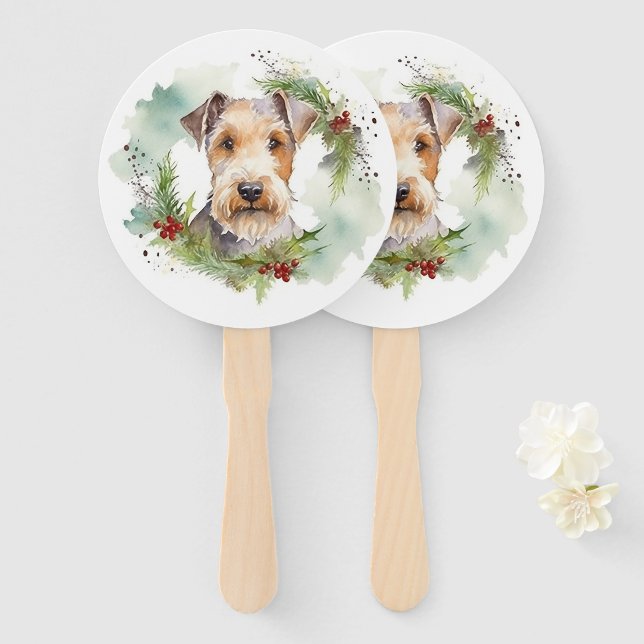 Leque Wirefox Terrier Wreath de Natal Festivo Pup (Frente e Verso)