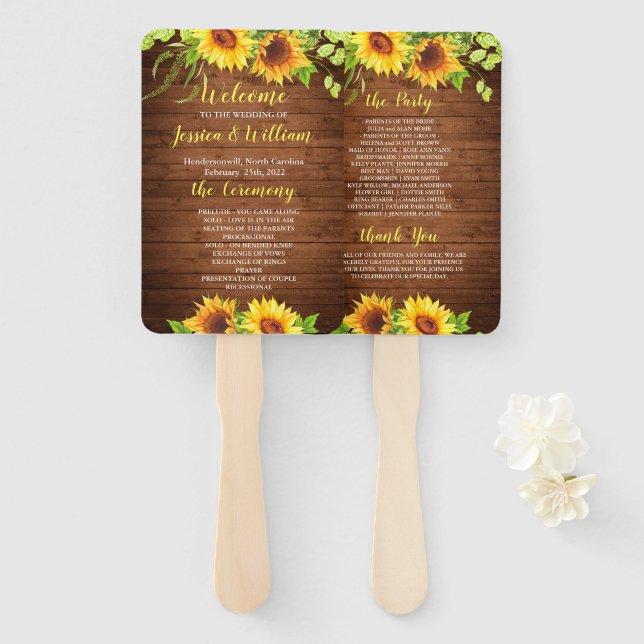 Leque Wood Sunflower Rustic Greenery Weding Program (Frente e Verso)