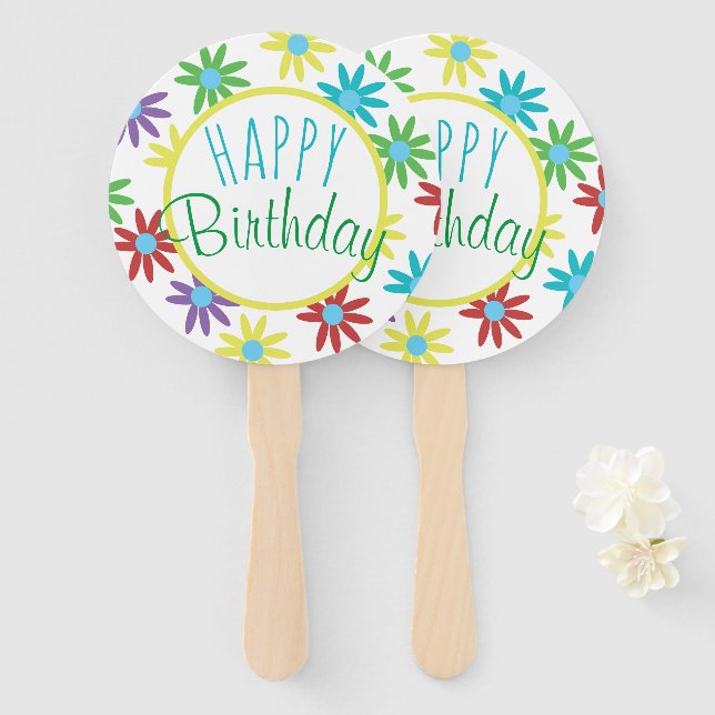 Leques de Mão Floral Feliz Aniversário (Frente e Verso)
