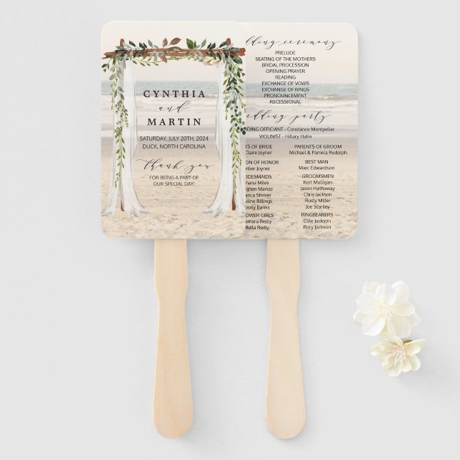 Leques de Mão para Arco de Casamento na Praia (Frente e Verso)