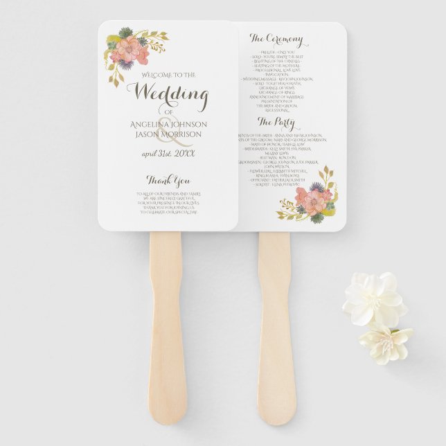 Leques de Mão para Programa de Casamento Branco co (Frente e Verso)