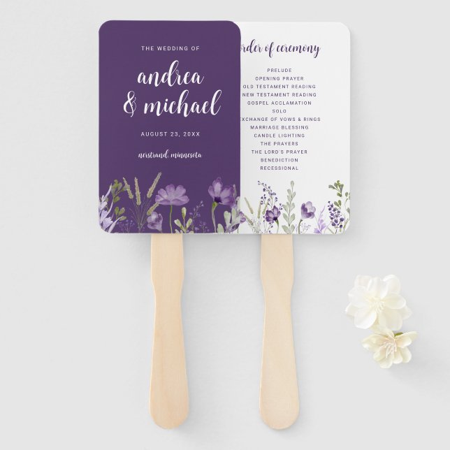 Leques de Programa de Casamento Floral Lavanda Rox (Frente e Verso)