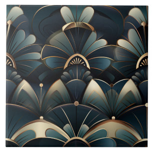 Leques Florais Art Déco em Verde Azul com Linhas D
