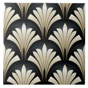 Leques Florais Art Déco Preto e Bege
