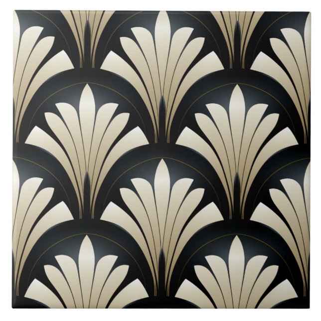 Leques Florais Art Déco Preto e Bege (Frente)