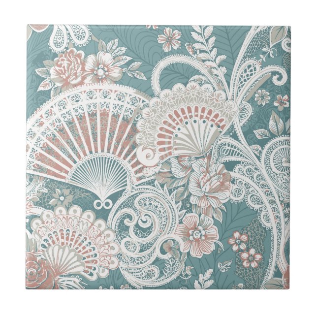 Leques Vitorianos Elegantes Florais Renda Azul (Frente)