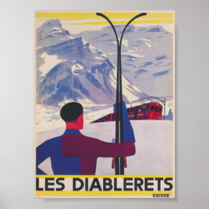 Les Diablerets Suiça Vintage Ski Poster