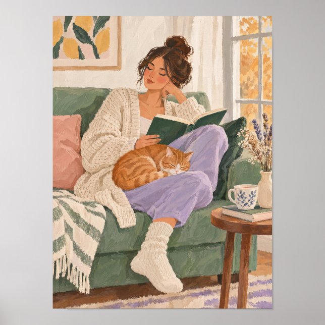 Lesende Frau mit Katze im Herbst – Poster (Frente)
