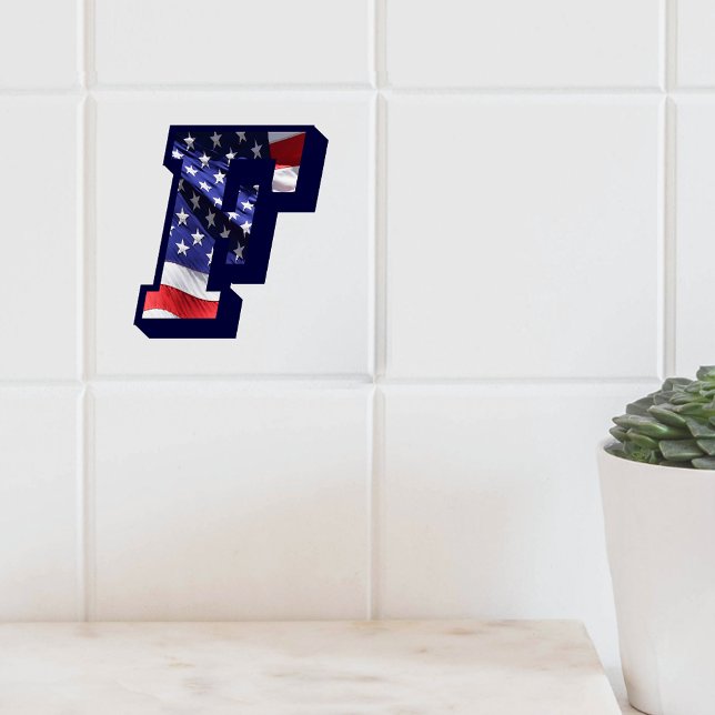 Letra americana Flag "F" Large Photo Cerâmica Azul (American Flag Letter F Large Photo Ceramic Tile)