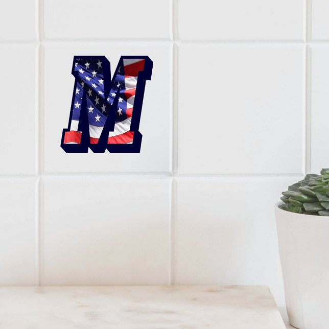 Letra americana Flag "M" Large Photo Cerâmica Azul (American Flag Letter "M" Large Photo Ceramic Tile)