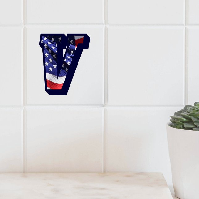 Letra americana Flag "V" Large Photo Cerâmica Azul (American Flag Letter "V" Large Photo Ceramic Tile)