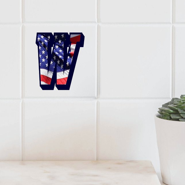 Letra americana Flag "W" Large Photo Cerâmica Azul (American Flag Letter "W" Large Photo Ceramic Tile)
