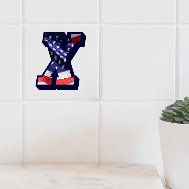 Letra americana Flag "X" Large Photo Cerâmica Azul (American Flag Letter "X" Large Photo Ceramic Tile)