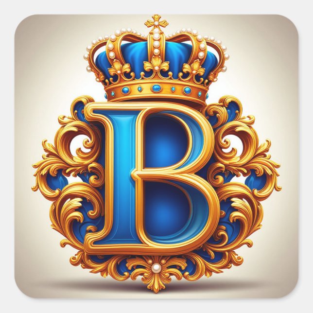 🔵 Letra B Monograma Coroada Azul Nome Etiqueta (Frente)